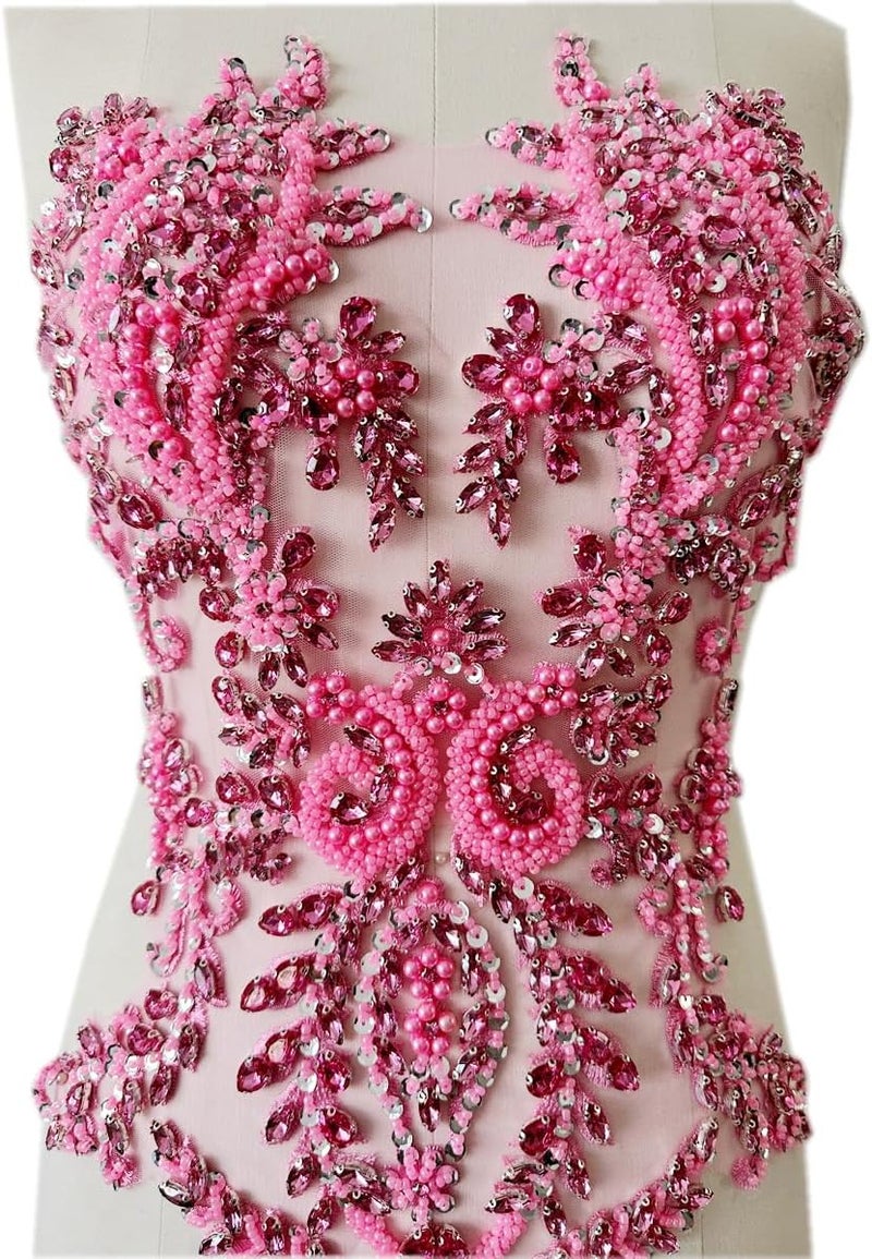 PLune Handmade Shiny Rhinestones Applique handsewing Beaded Sequins Crystal on lace Trim Patches for Prom Dress Clothing Decorative Accessories (Pink) - Image 1